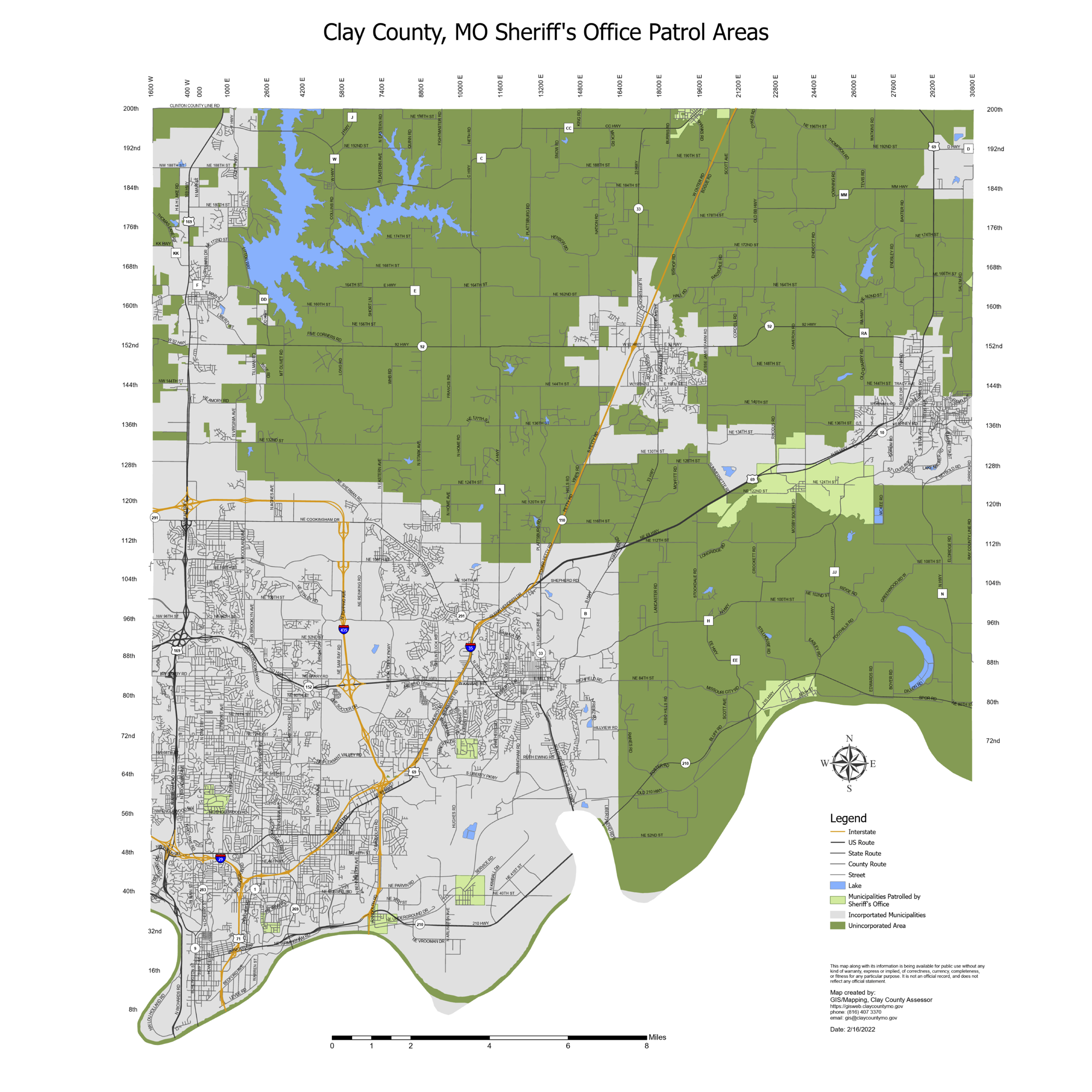 Clay County Sheriff's Office patrol map showing the unincorporated areas of the county